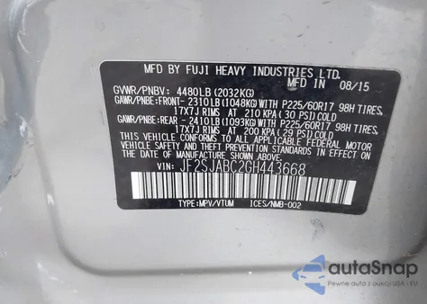 2016 Subaru Forester 2.5I from USA, damaged, VIN JF2SJABC2GH443668